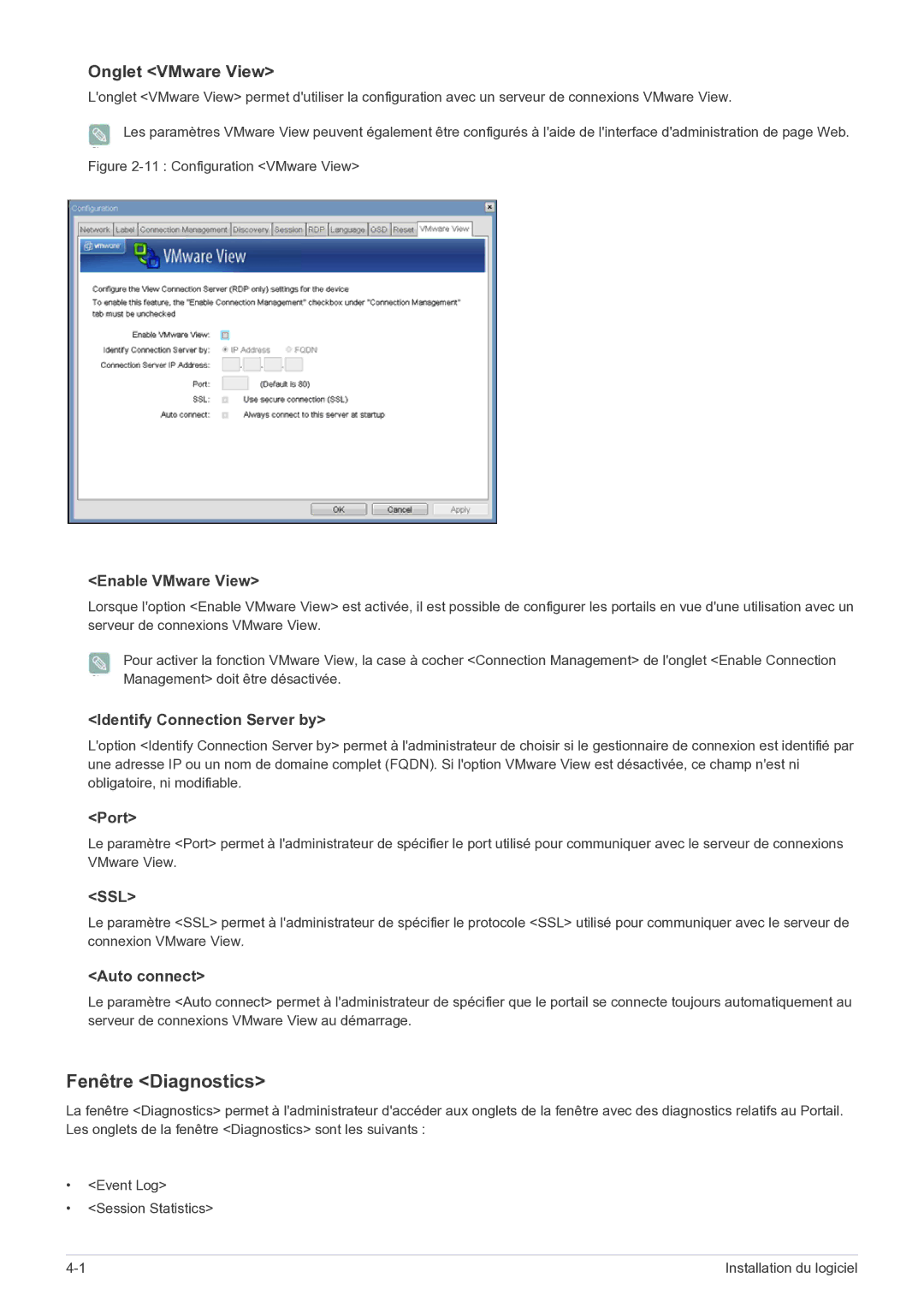 Samsung LF22NEBHBN/EN manual Fenêtre Diagnostics, Onglet VMware View 