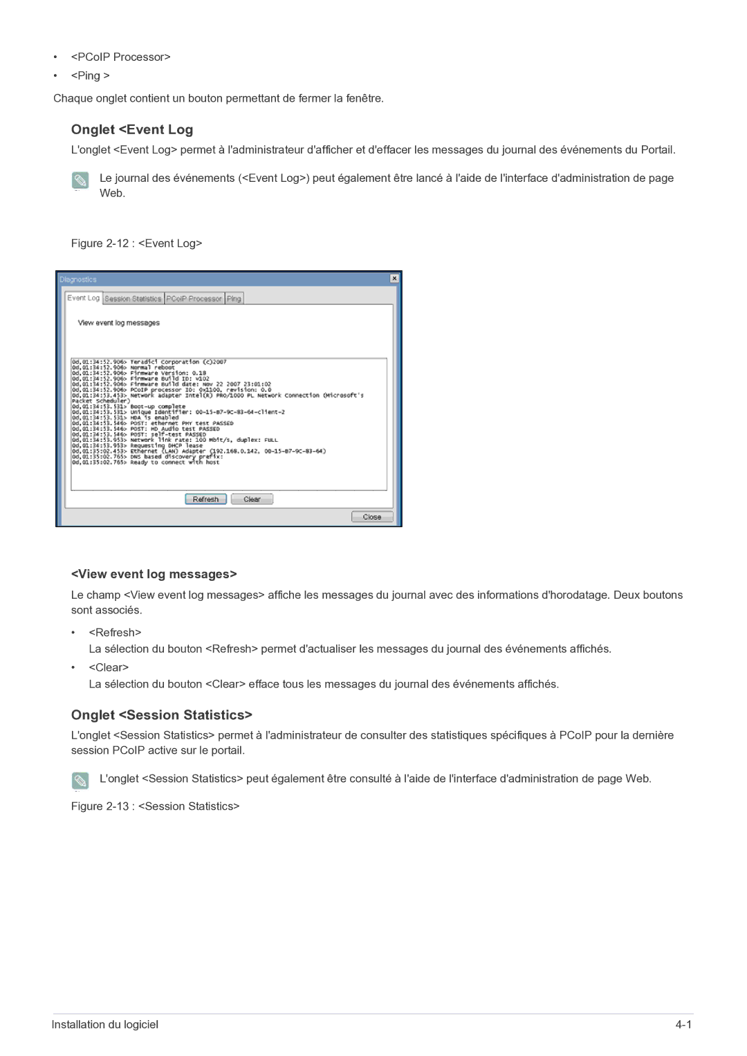 Samsung LF22NEBHBN/EN manual Onglet Event Log, Onglet Session Statistics 