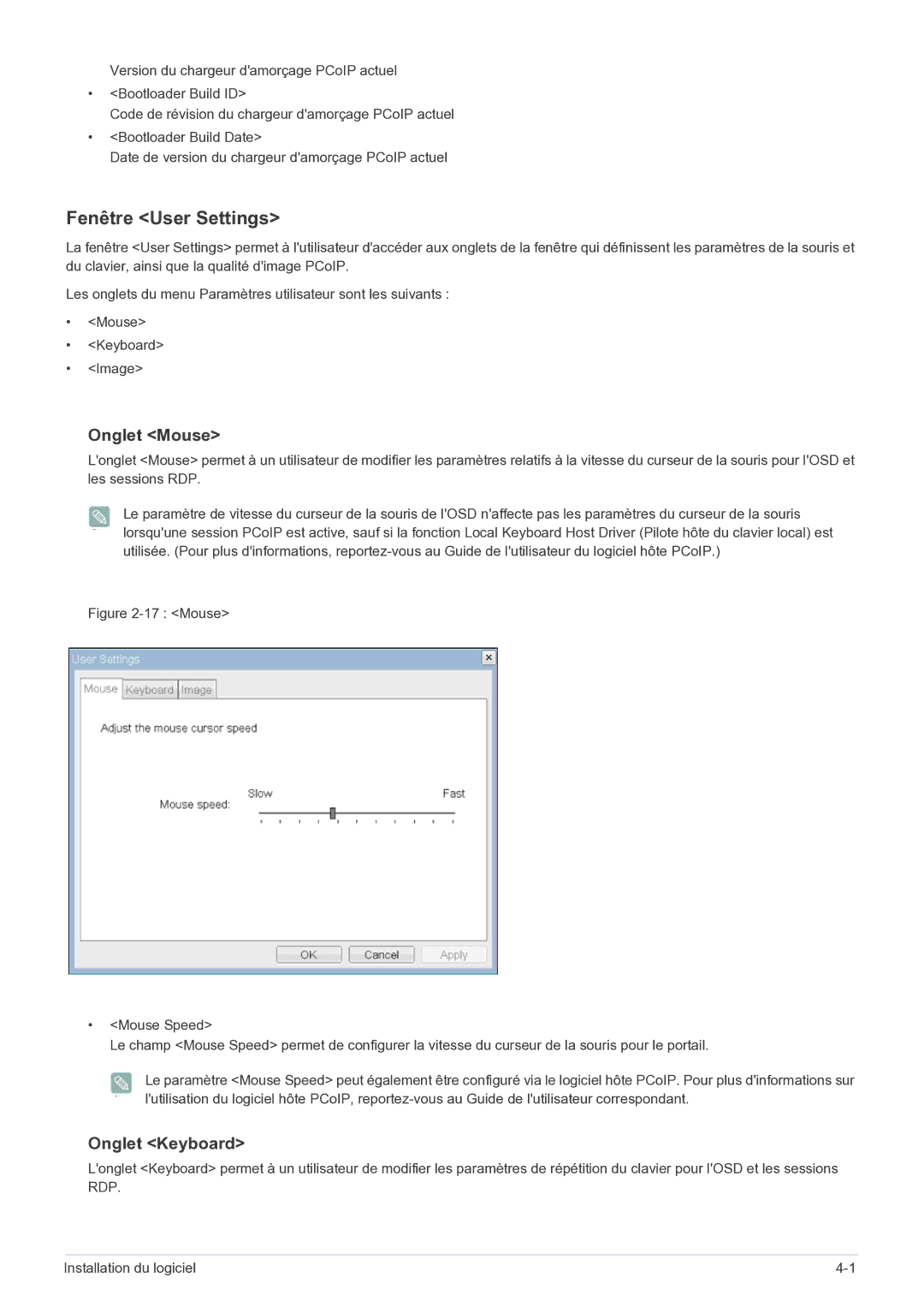 Samsung LF22NEBHBN/EN manual Fenêtre User Settings, Onglet Mouse, Onglet Keyboard 