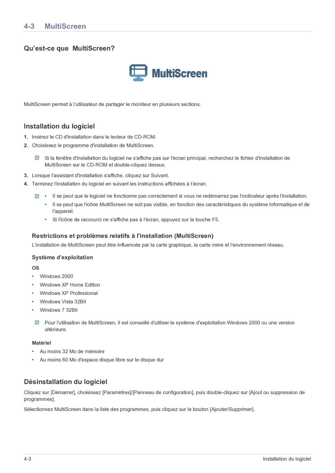 Samsung LF22NEBHBN/EN Qu’est-ce que MultiScreen?, Installation du logiciel, Désinstallation du logiciel, Matériel 