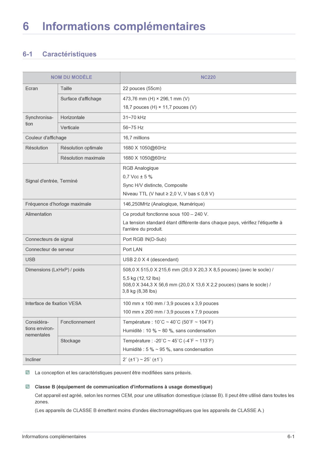 Samsung LF22NEBHBN/EN manual Caractéristiques, NOM DU Modèle 