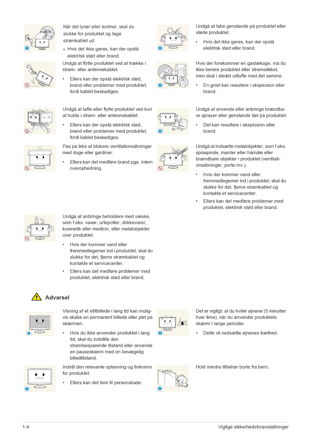 Samsung LF22NEBHBN/EN manual Vigtige sikkerhedsforanstaltninger 