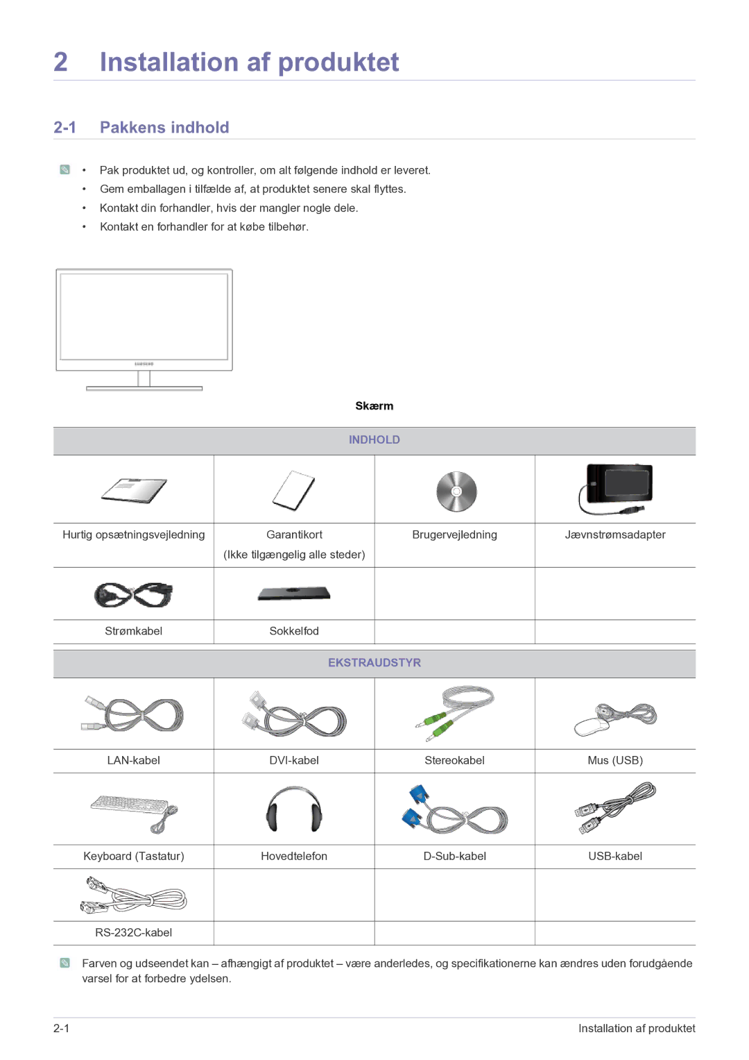 Samsung LF22NEBHBN/EN manual Pakkens indhold, Indhold, Ekstraudstyr 