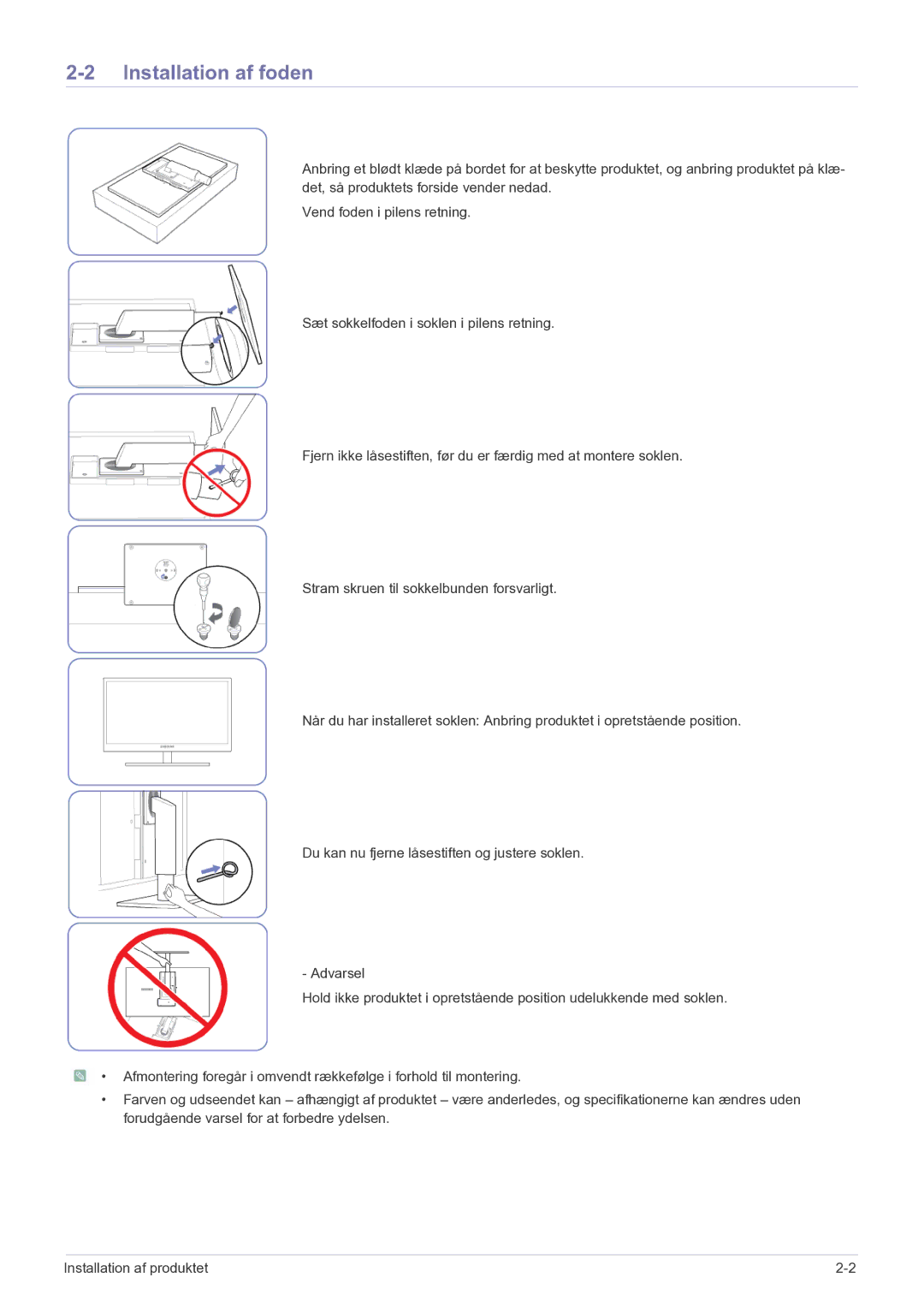 Samsung LF22NEBHBN/EN manual Installation af foden 