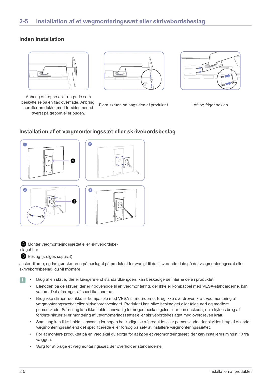 Samsung LF22NEBHBN/EN manual Installation af et vægmonteringssæt eller skrivebordsbeslag, Inden installation 