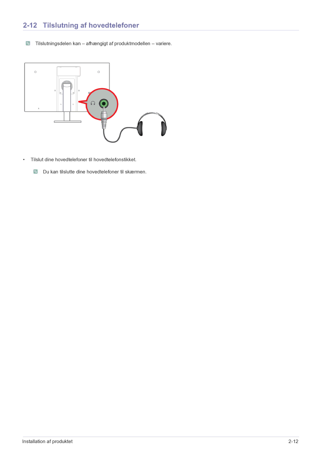 Samsung LF22NEBHBN/EN manual Tilslutning af hovedtelefoner 