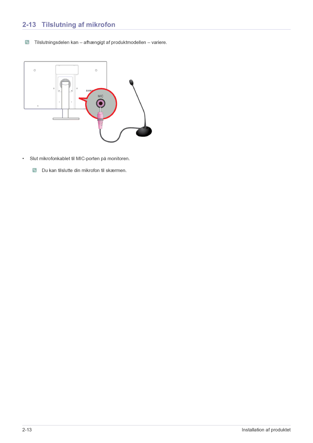 Samsung LF22NEBHBN/EN manual Tilslutning af mikrofon 