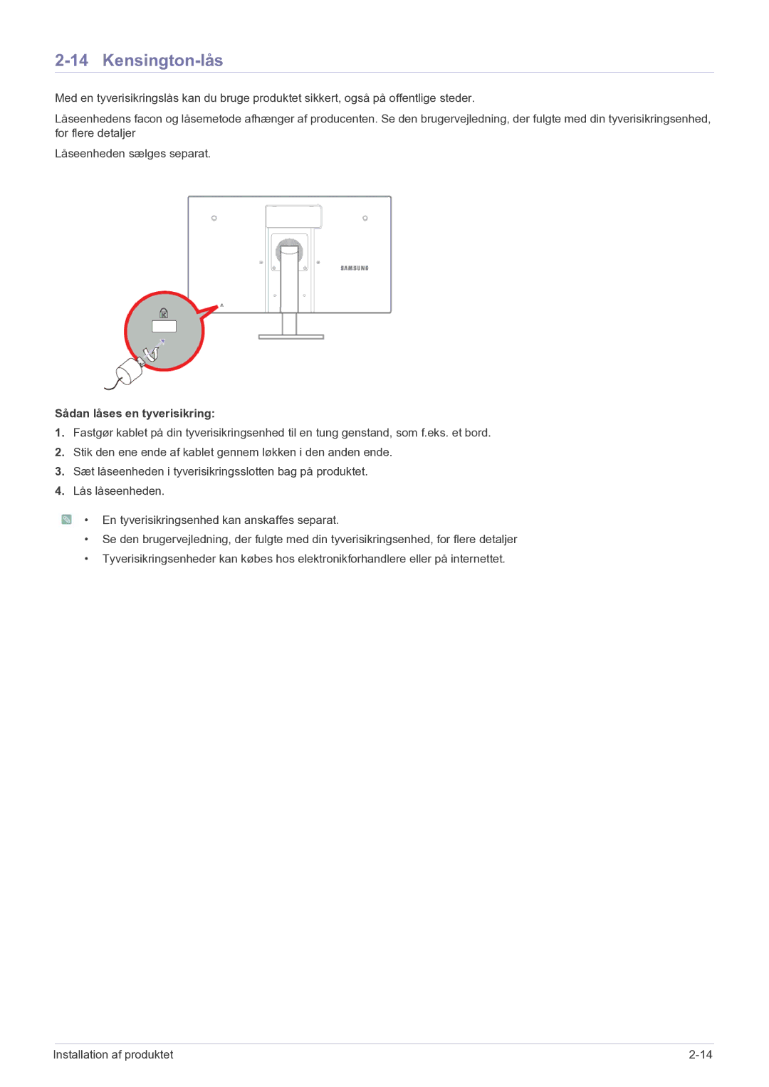 Samsung LF22NEBHBN/EN manual Kensington-lås, Sådan låses en tyverisikring 