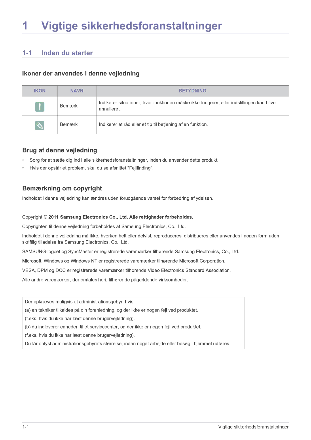 Samsung LF22NEBHBN/EN manual Inden du starter, Ikoner der anvendes i denne vejledning, Brug af denne vejledning 