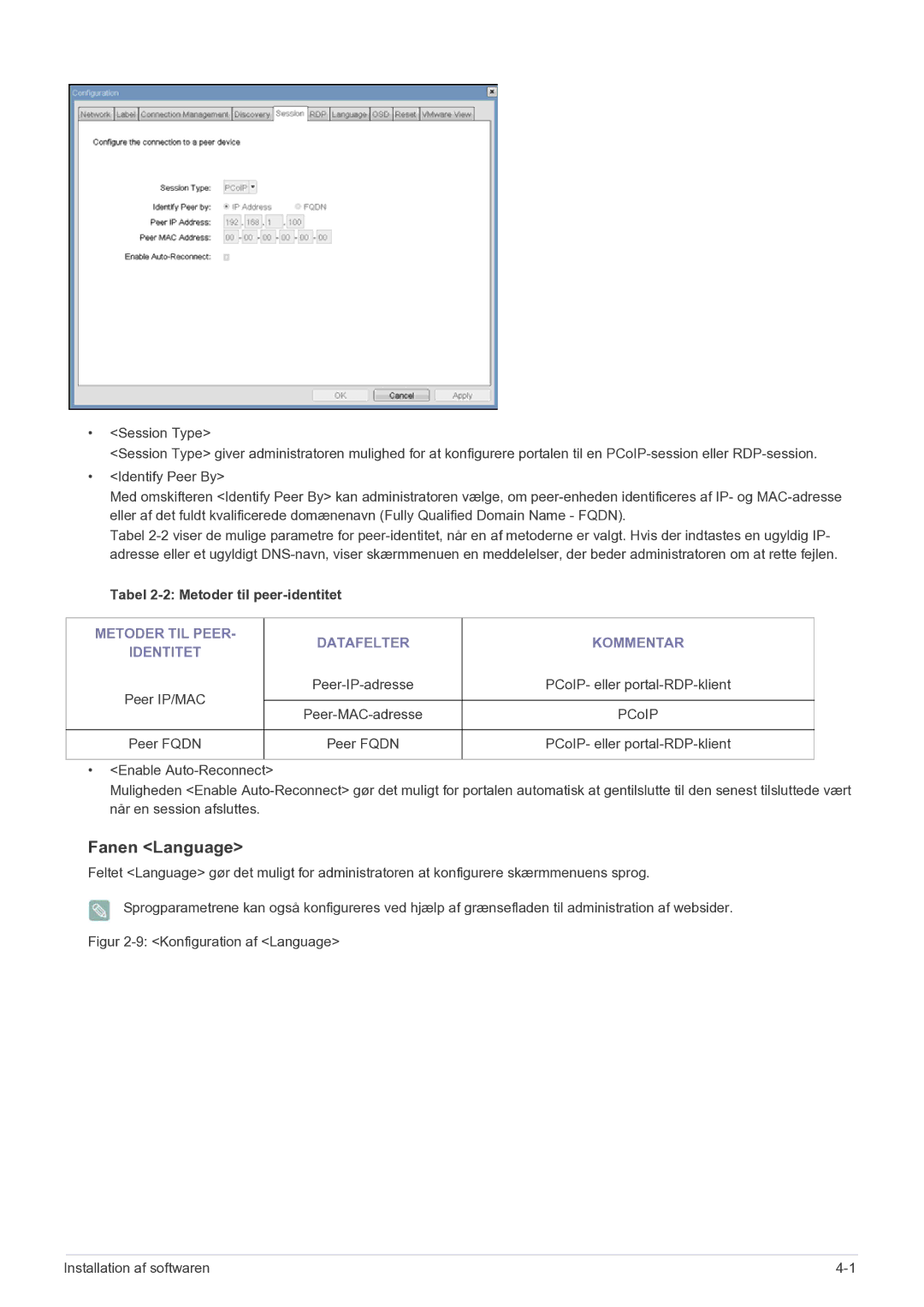 Samsung LF22NEBHBN/EN manual Fanen Language, Tabel 2-2 Metoder til peer-identitet 