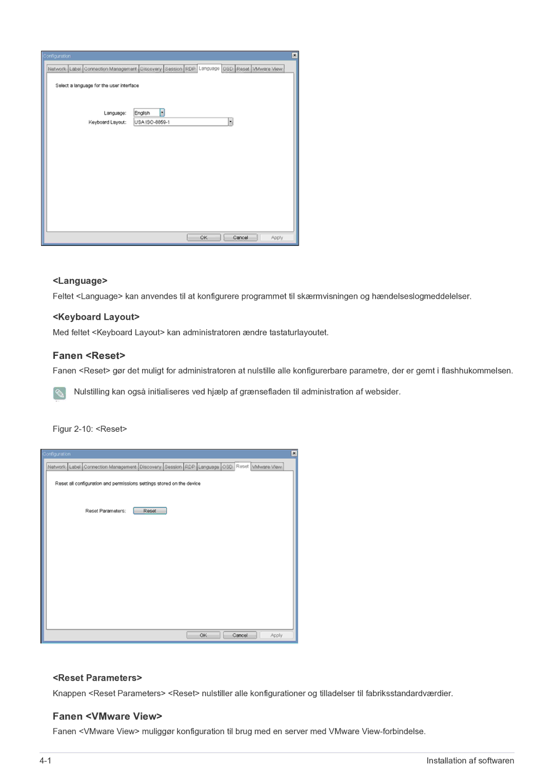 Samsung LF22NEBHBN/EN manual Fanen Reset, Fanen VMware View, Language, Keyboard Layout, Reset Parameters 