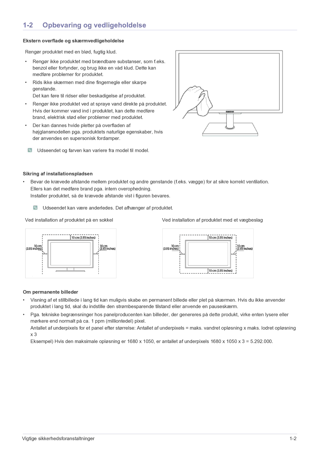 Samsung LF22NEBHBN/EN Opbevaring og vedligeholdelse, Ekstern overflade og skærmvedligeholdelse, Om permanente billeder 