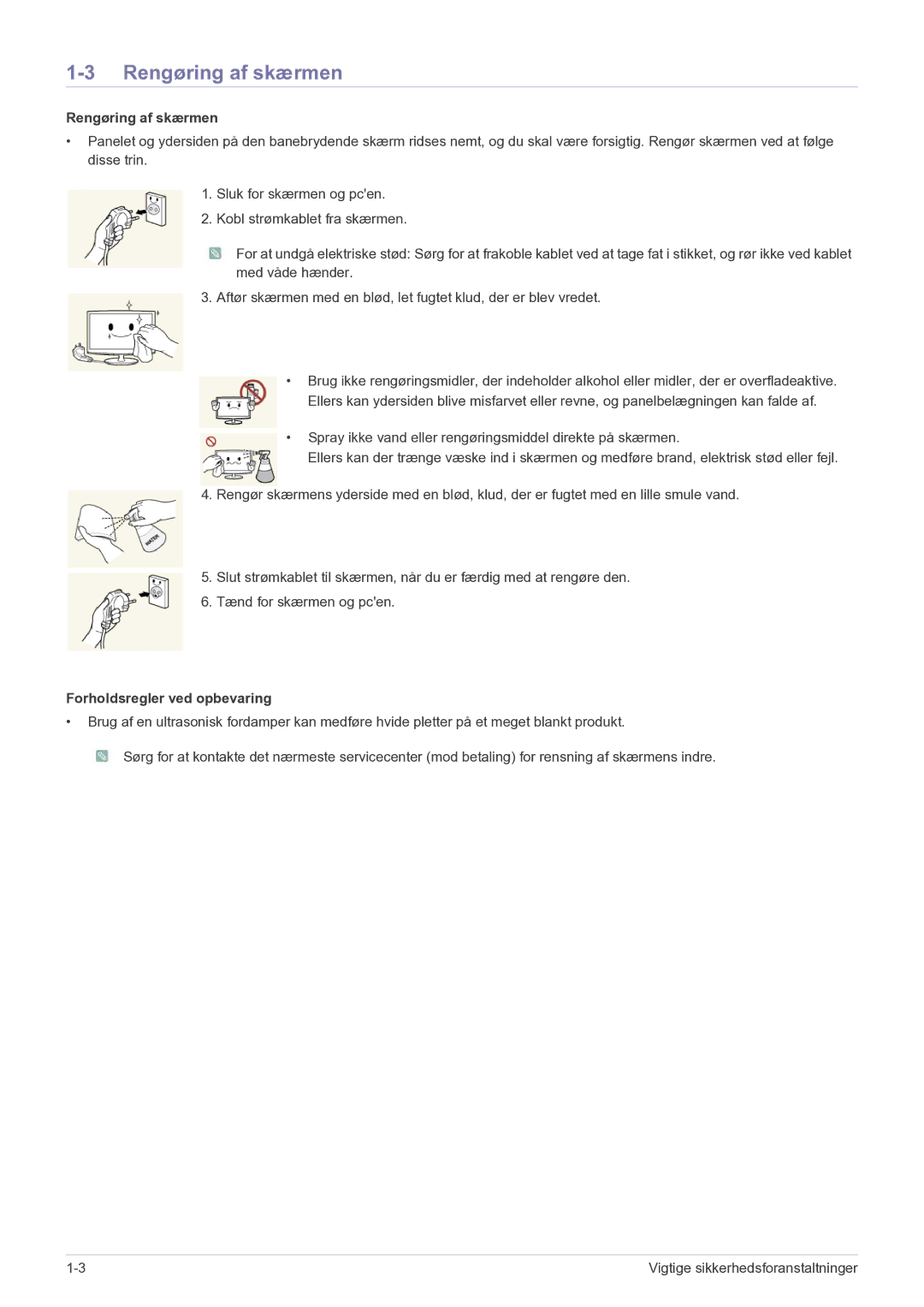 Samsung LF22NEBHBN/EN manual Rengøring af skærmen, Forholdsregler ved opbevaring 