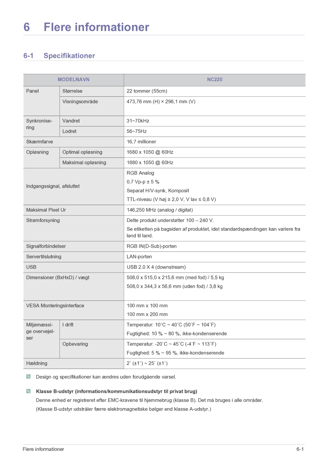 Samsung LF22NEBHBN/EN manual Specifikationer, Modelnavn 