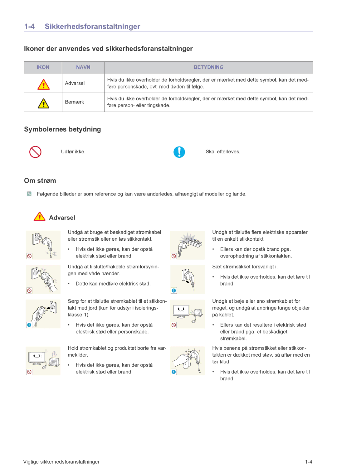 Samsung LF22NEBHBN/EN manual Sikkerhedsforanstaltninger, Ikoner der anvendes ved sikkerhedsforanstaltninger, Om strøm 