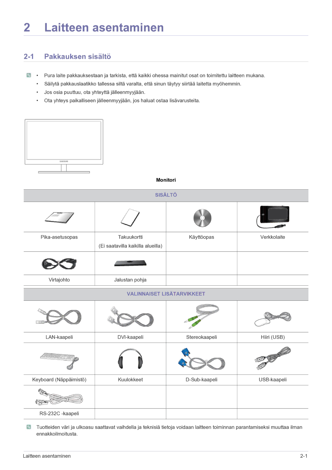 Samsung LF22NEBHBN/EN manual Pakkauksen sisältö, Sisältö, Valinnaiset Lisätarvikkeet 