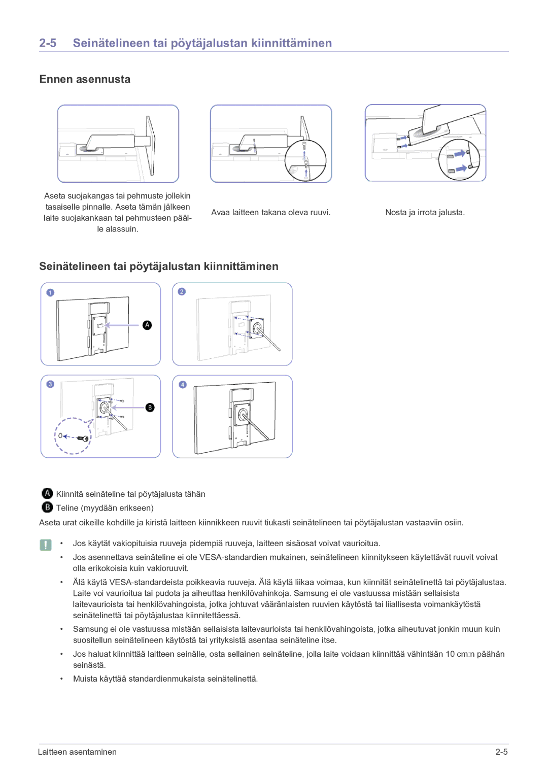 Samsung LF22NEBHBN/EN manual Seinätelineen tai pöytäjalustan kiinnittäminen, Ennen asennusta 