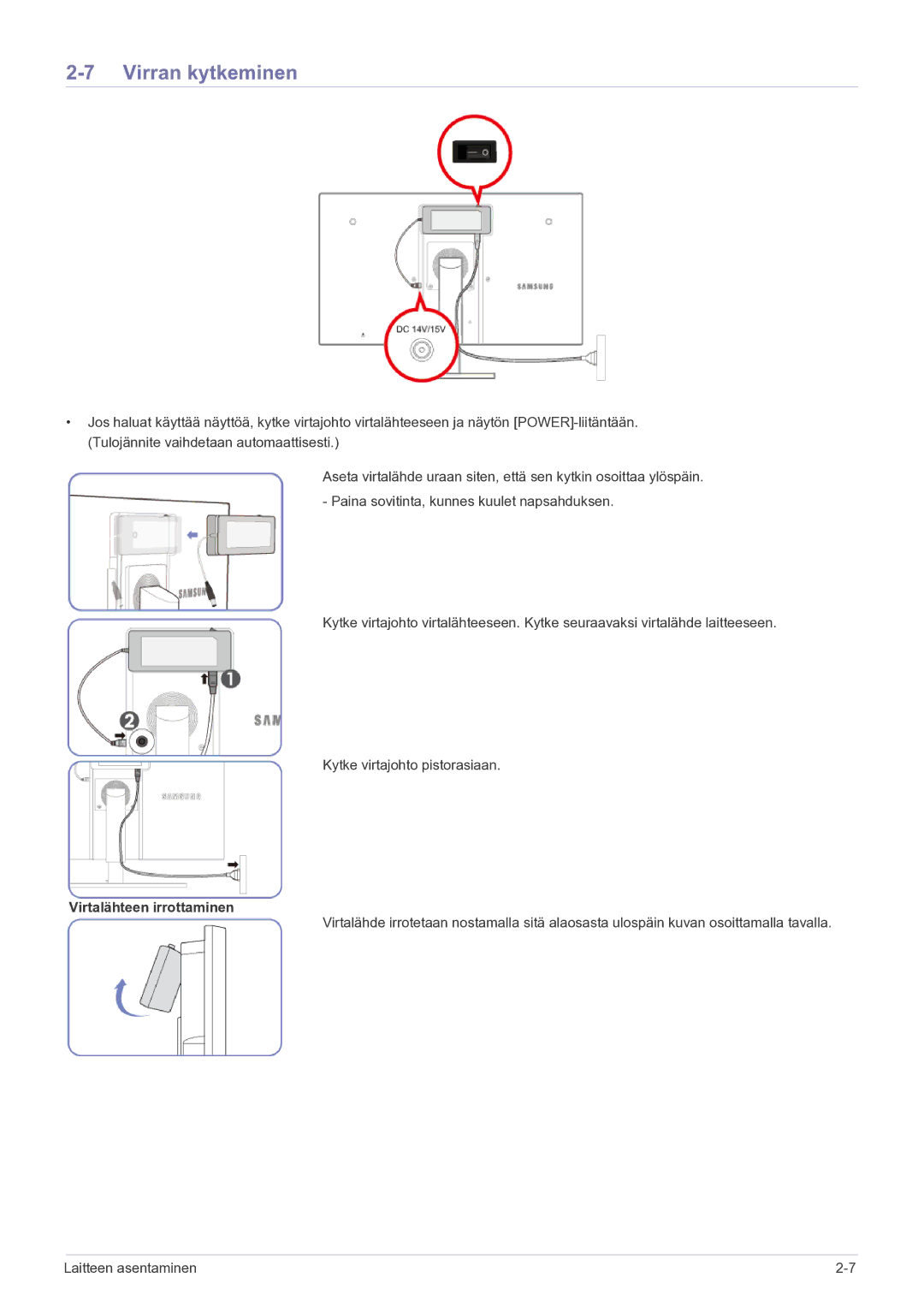 Samsung LF22NEBHBN/EN manual Virran kytkeminen, Virtalähteen irrottaminen 