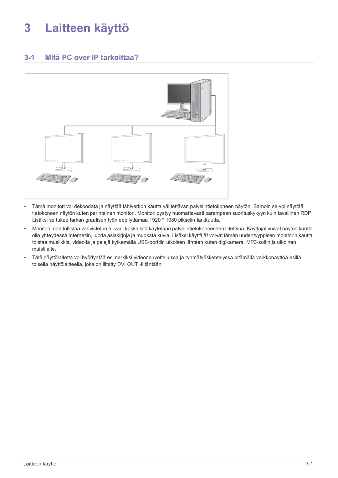 Samsung LF22NEBHBN/EN manual Laitteen käyttö, Mitä PC over IP tarkoittaa? 