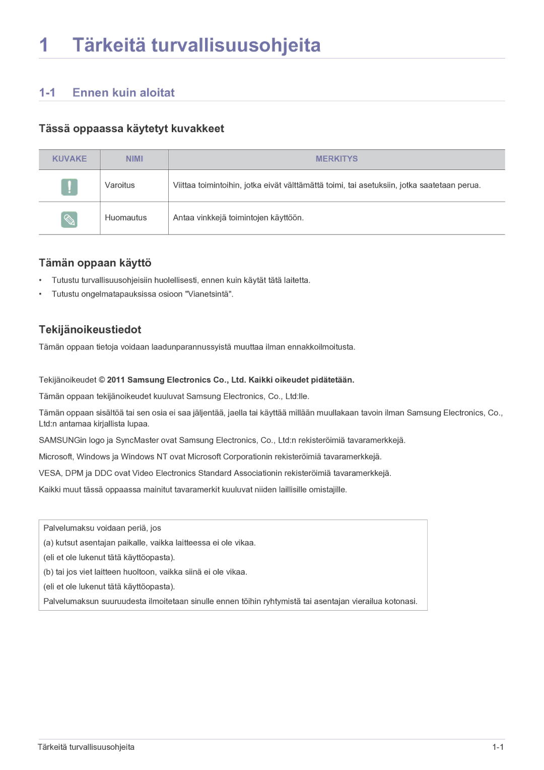 Samsung LF22NEBHBN/EN Ennen kuin aloitat, Tässä oppaassa käytetyt kuvakkeet, Tämän oppaan käyttö, Tekijänoikeustiedot 