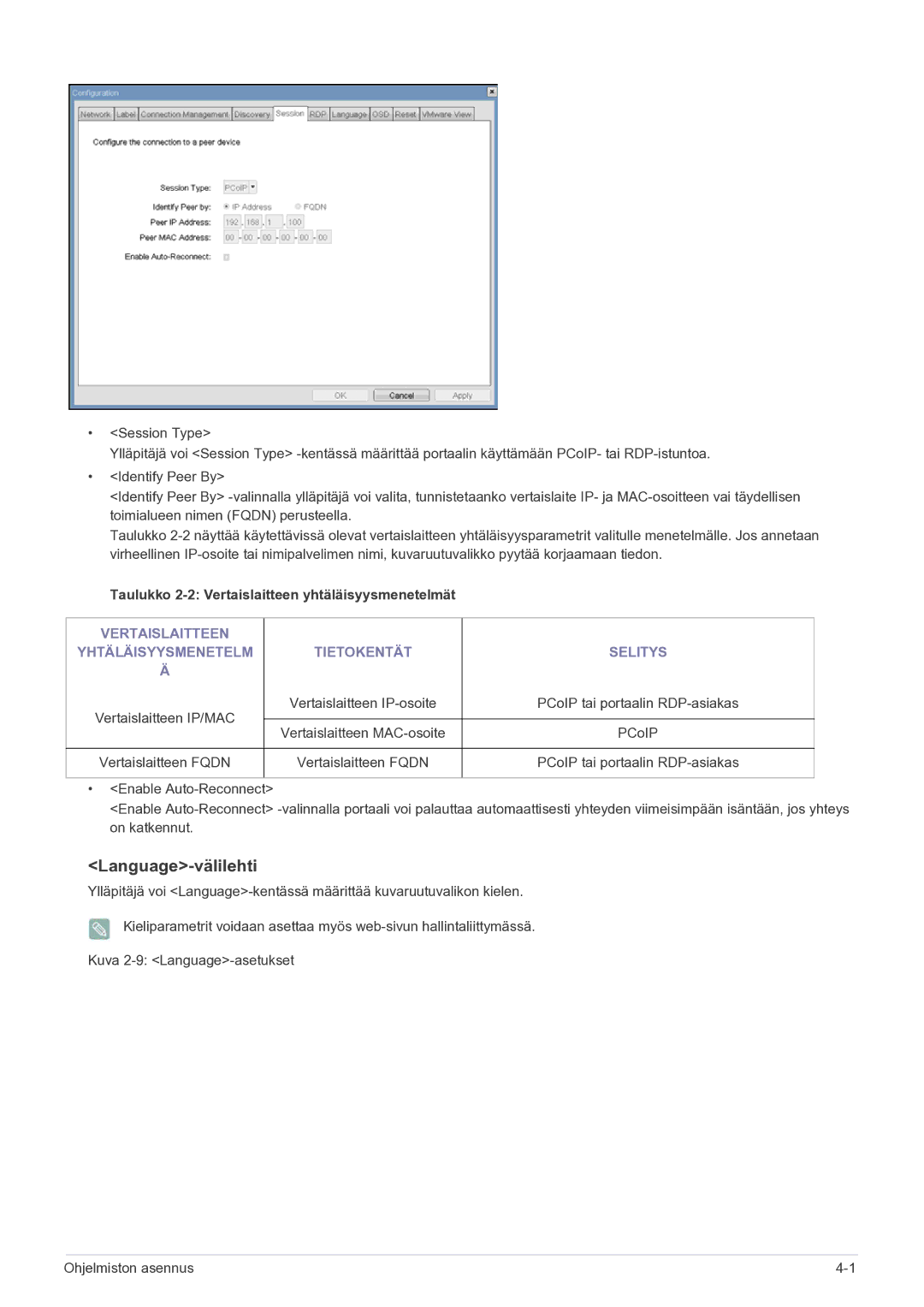 Samsung LF22NEBHBN/EN manual Language-välilehti, Taulukko 2-2 Vertaislaitteen yhtäläisyysmenetelmät 