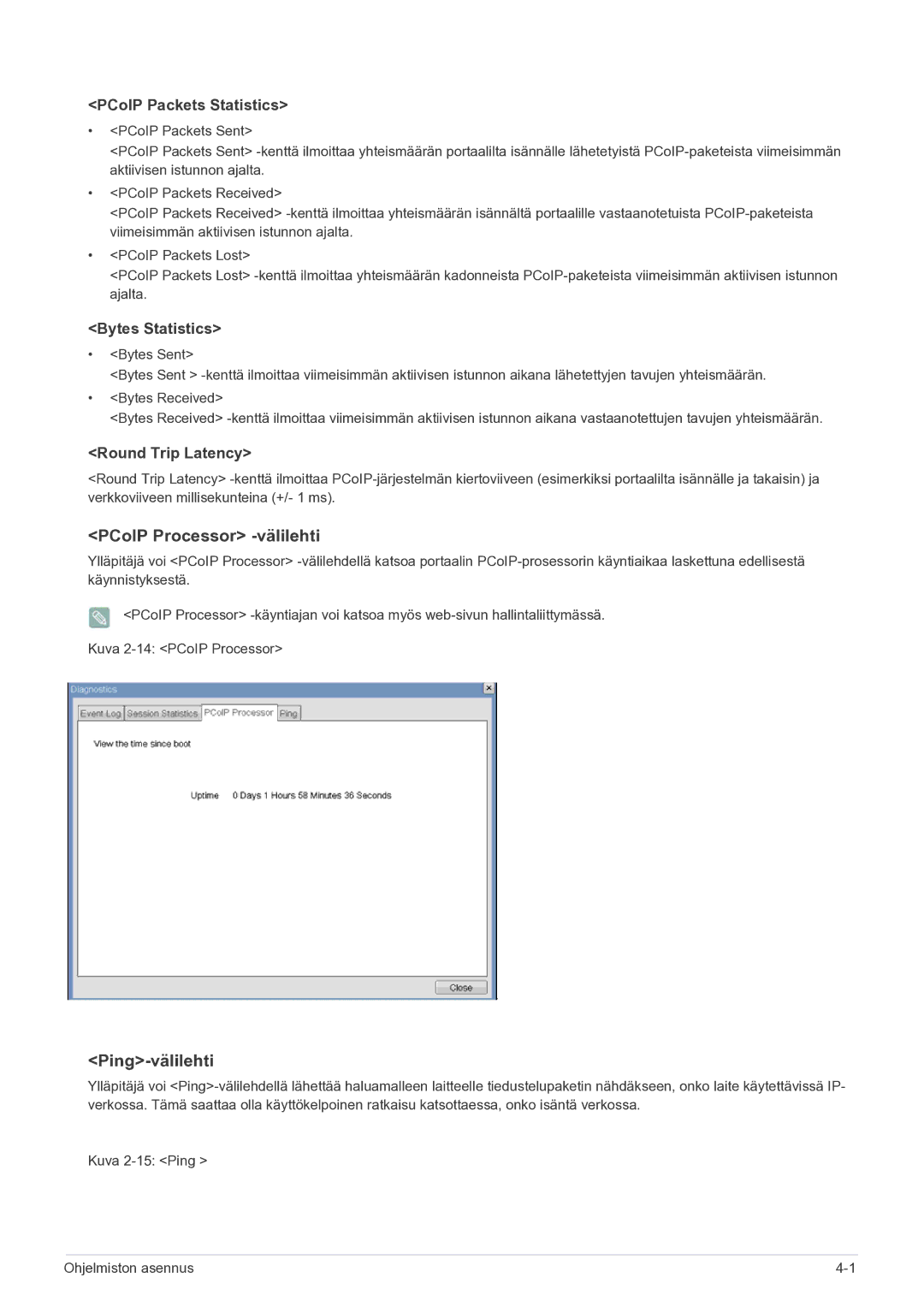 Samsung LF22NEBHBN/EN manual PCoIP Processor -välilehti, Ping-välilehti 