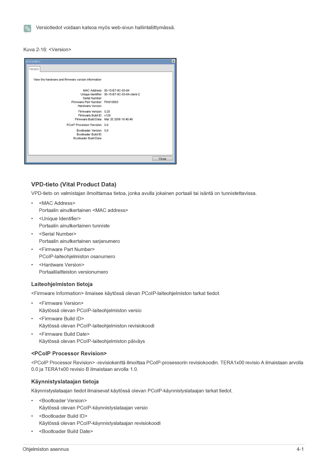 Samsung LF22NEBHBN/EN manual VPD-tieto Vital Product Data, Laiteohjelmiston tietoja 