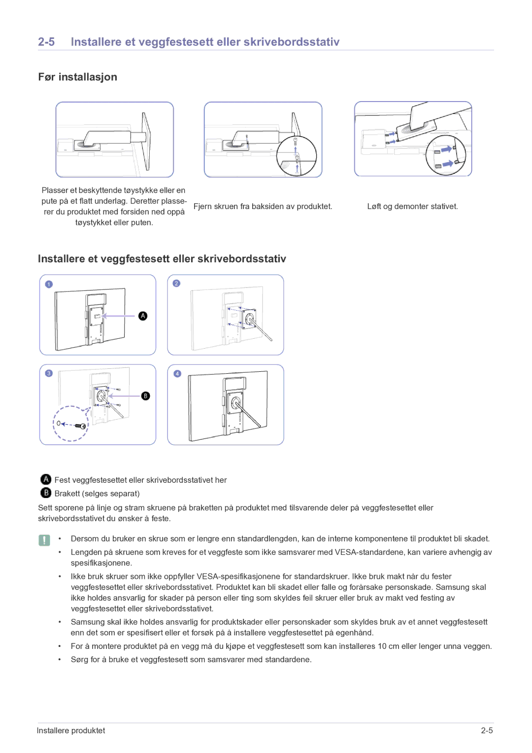 Samsung LF22NEBHBN/EN manual Installere et veggfestesett eller skrivebordsstativ, Før installasjon 