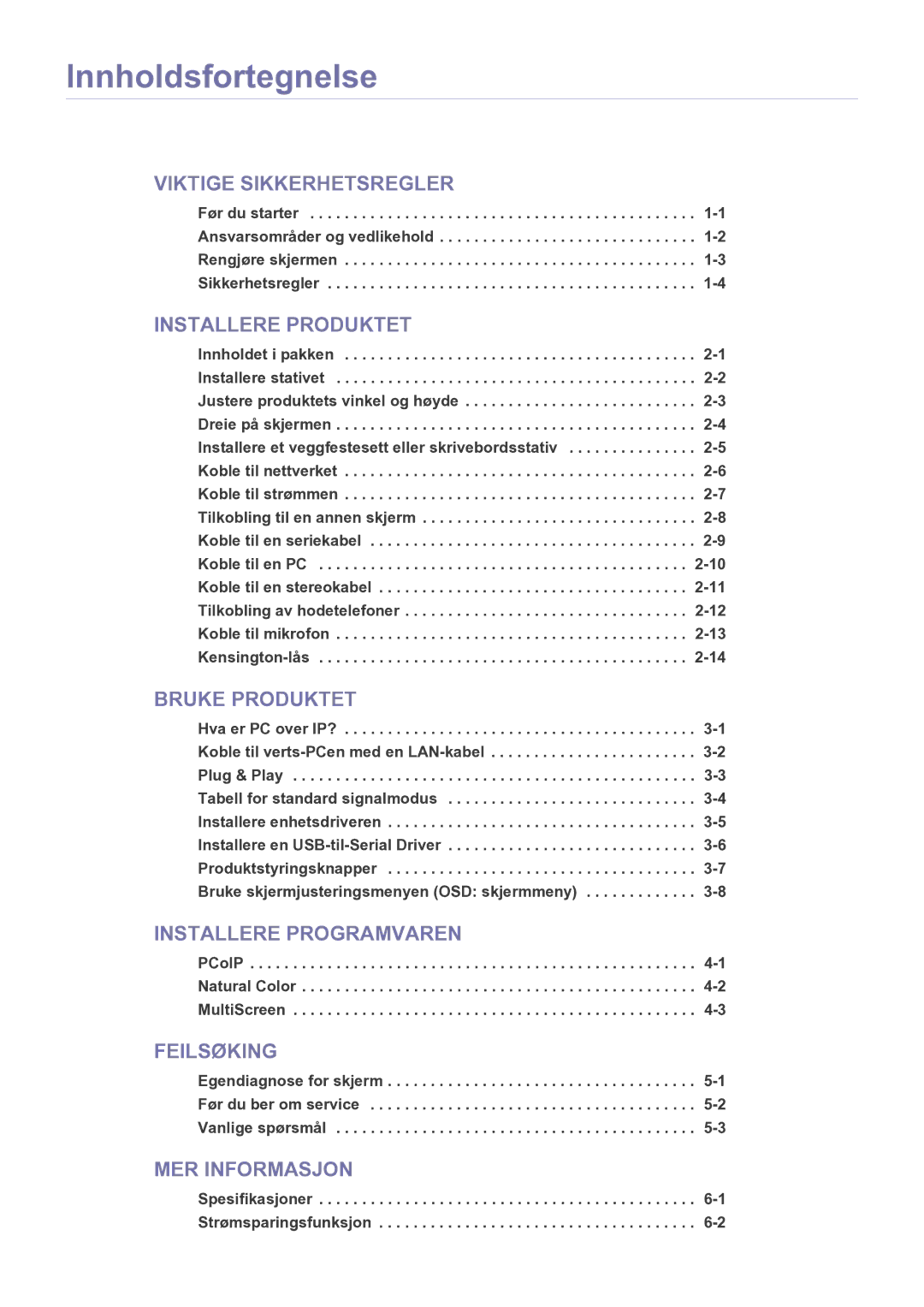 Samsung LF22NEBHBN/EN manual Innholdsfortegnelse, Spesifikasjoner -1 Strømsparingsfunksjon 