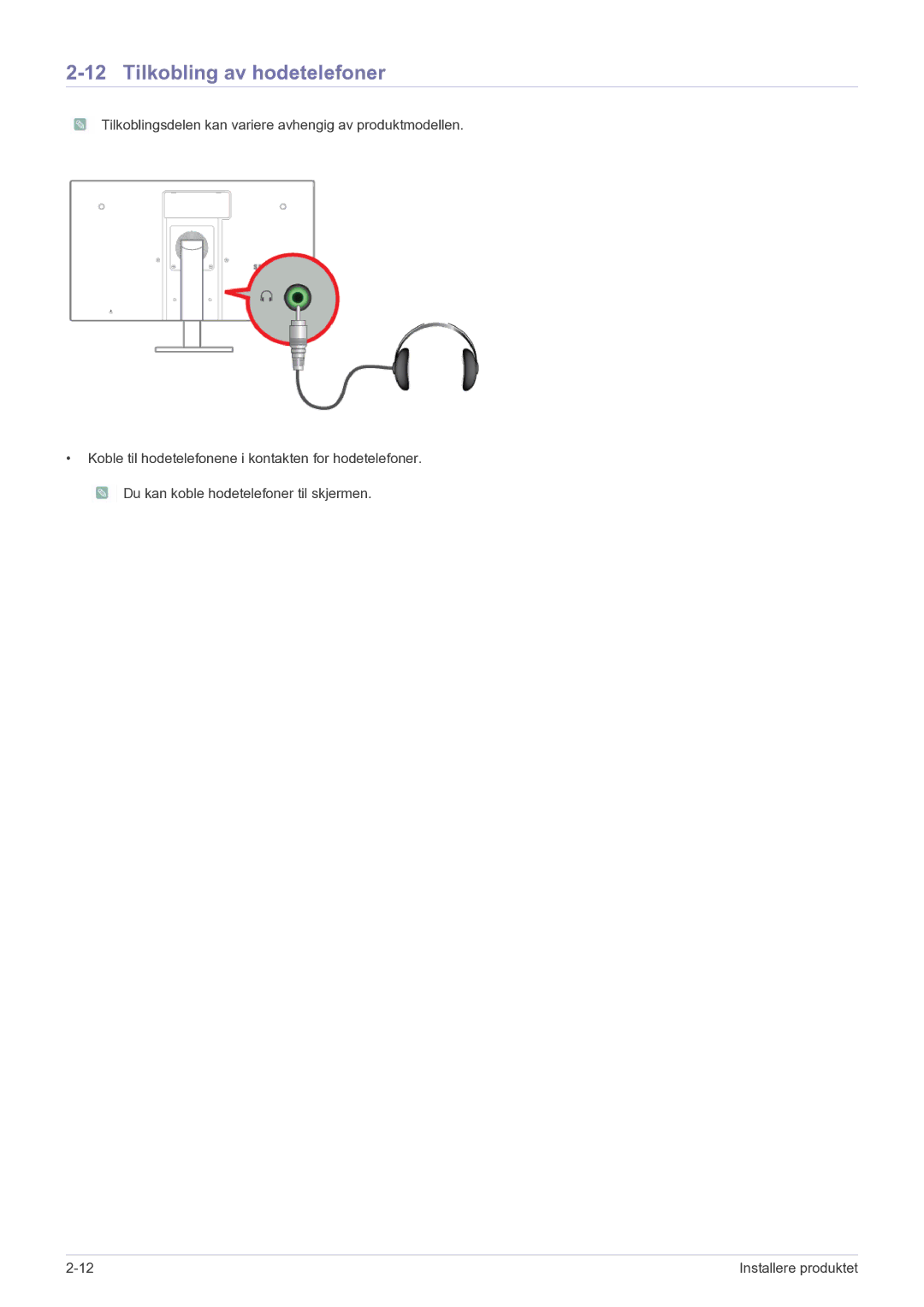 Samsung LF22NEBHBN/EN manual Tilkobling av hodetelefoner 