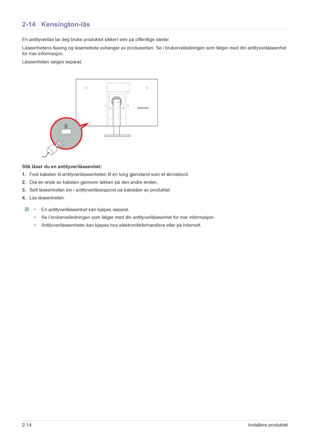 Samsung LF22NEBHBN/EN manual Kensington-lås, Slik låser du en antityverilåseenhet 