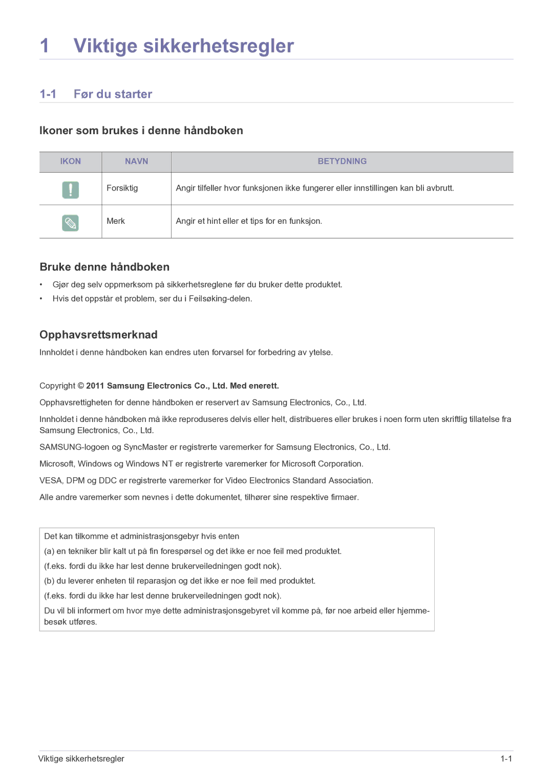 Samsung LF22NEBHBN/EN Før du starter, Ikoner som brukes i denne håndboken, Bruke denne håndboken, Opphavsrettsmerknad 