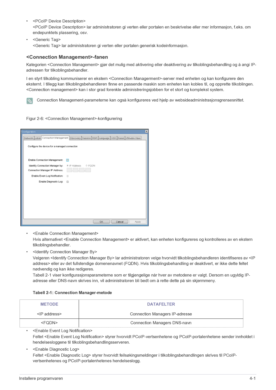 Samsung LF22NEBHBN/EN manual Connection Management-fanen, Tabell 2-1 Connection Manager-metode, Metode Datafelter 