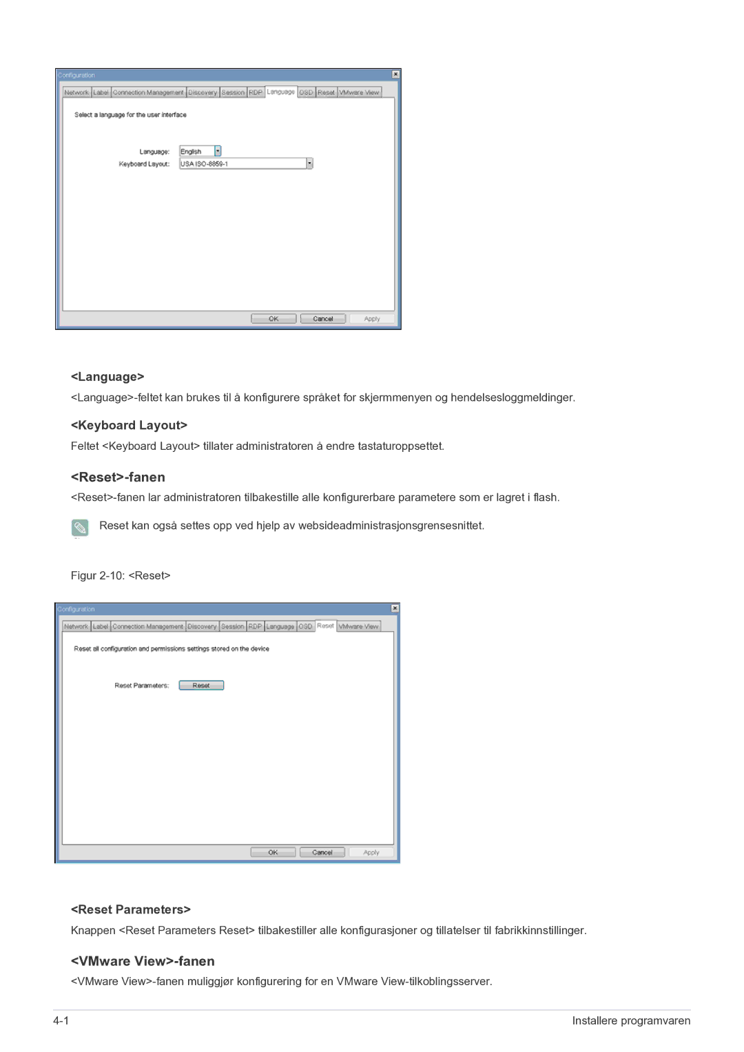 Samsung LF22NEBHBN/EN manual Reset-fanen, VMware View-fanen 