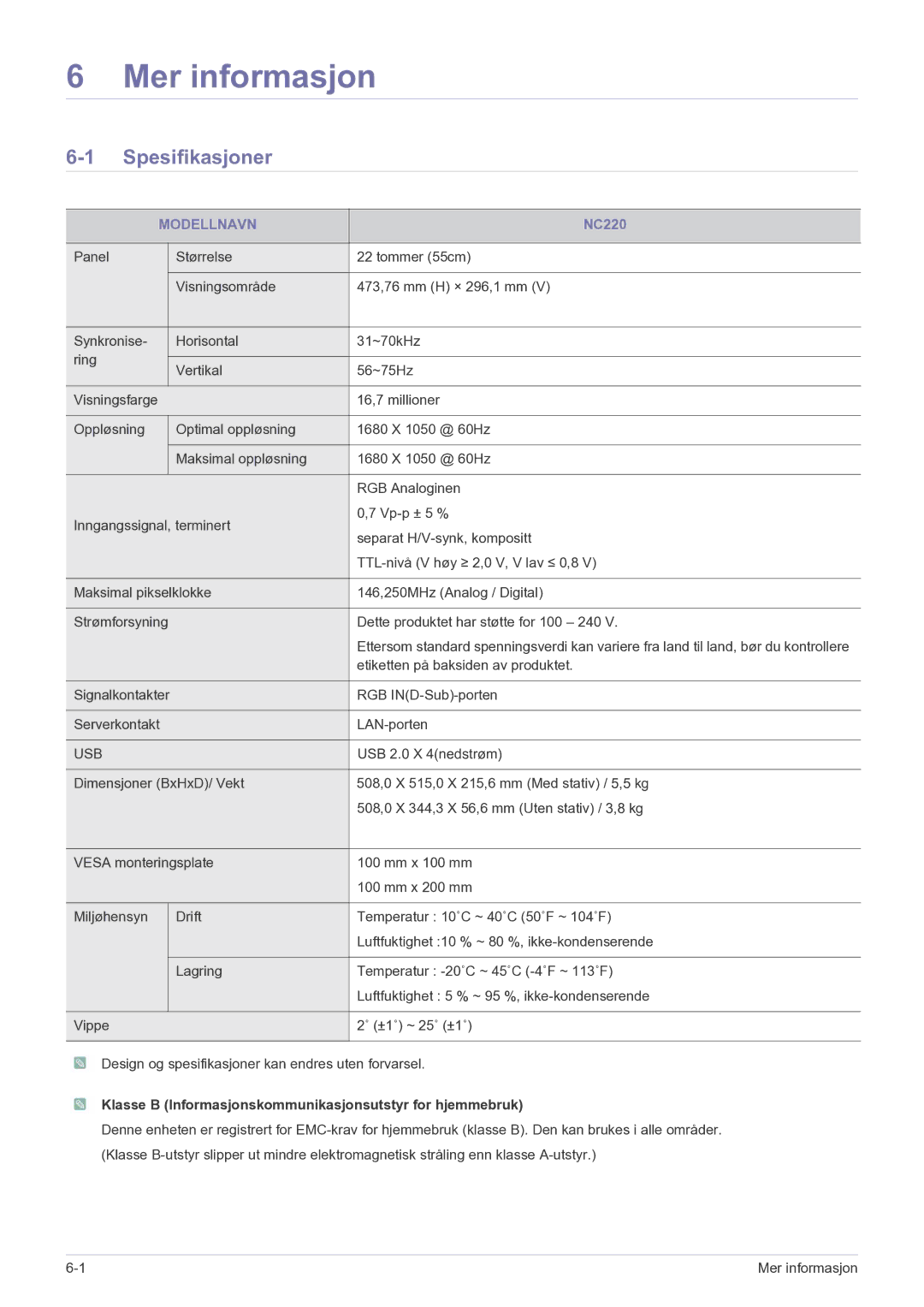 Samsung LF22NEBHBN/EN manual Spesifikasjoner, Modellnavn, Klasse B Informasjonskommunikasjonsutstyr for hjemmebruk 