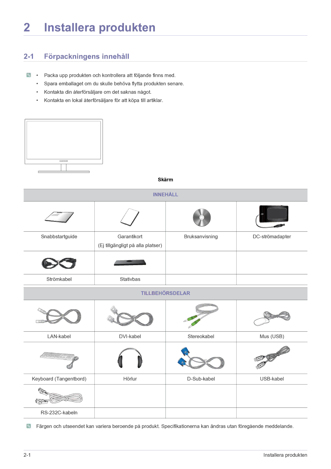 Samsung LF22NEBHBN/EN manual Förpackningens innehåll, Innehåll, Tillbehörsdelar 