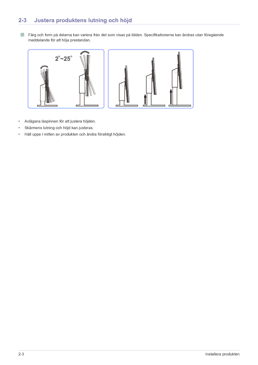 Samsung LF22NEBHBN/EN manual Justera produktens lutning och höjd 