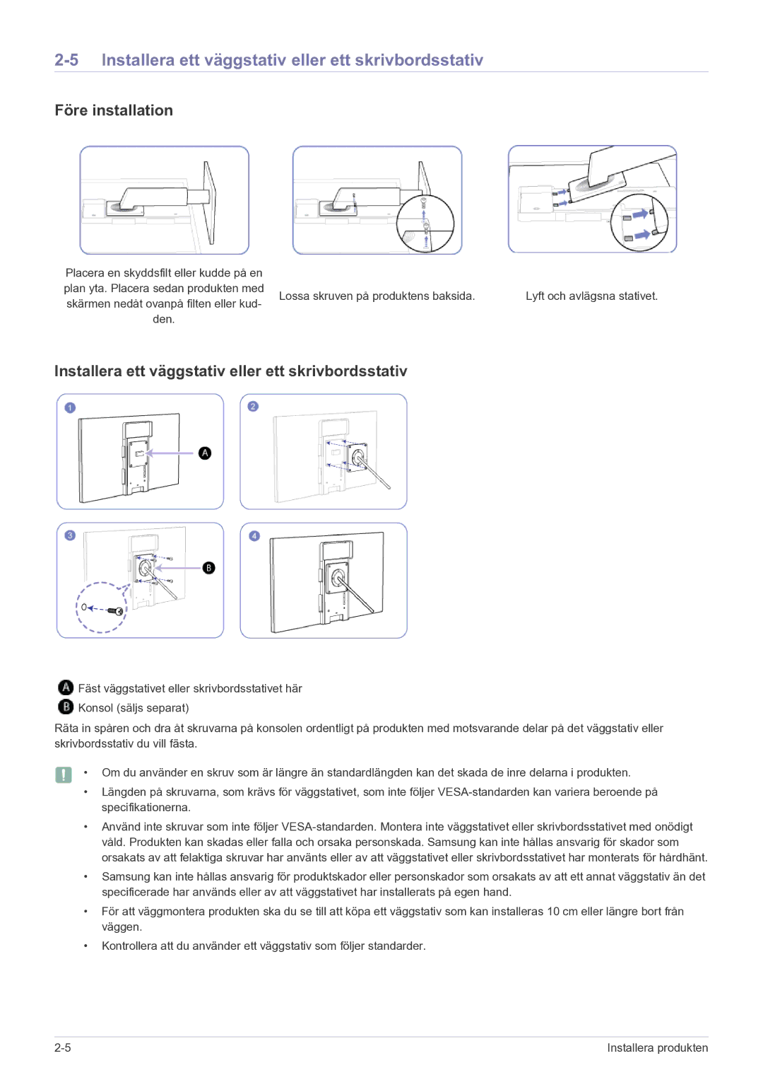 Samsung LF22NEBHBN/EN manual Installera ett väggstativ eller ett skrivbordsstativ, Före installation 