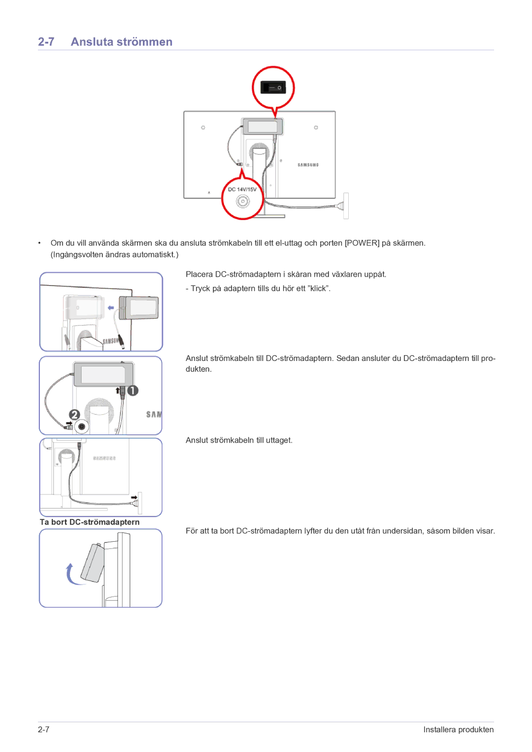 Samsung LF22NEBHBN/EN manual Ansluta strömmen, Ta bort DC-strömadaptern 