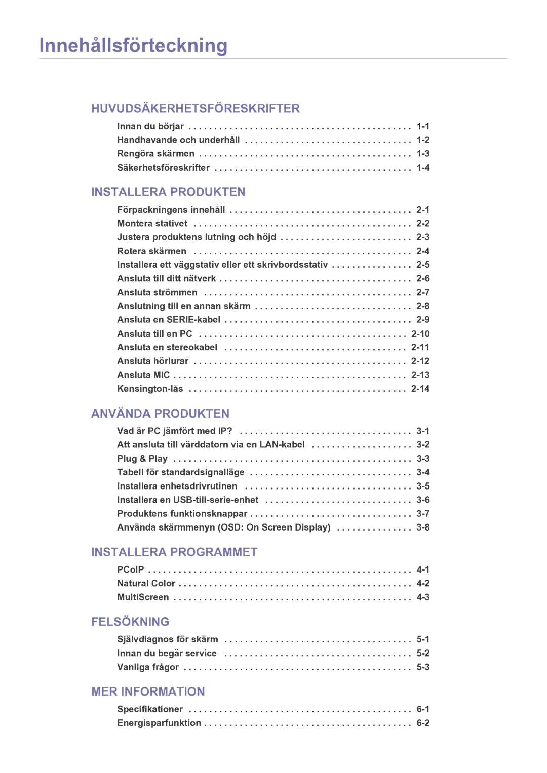 Samsung LF22NEBHBN/EN manual Innehållsförteckning, Specifikationer -1 Energisparfunktion 