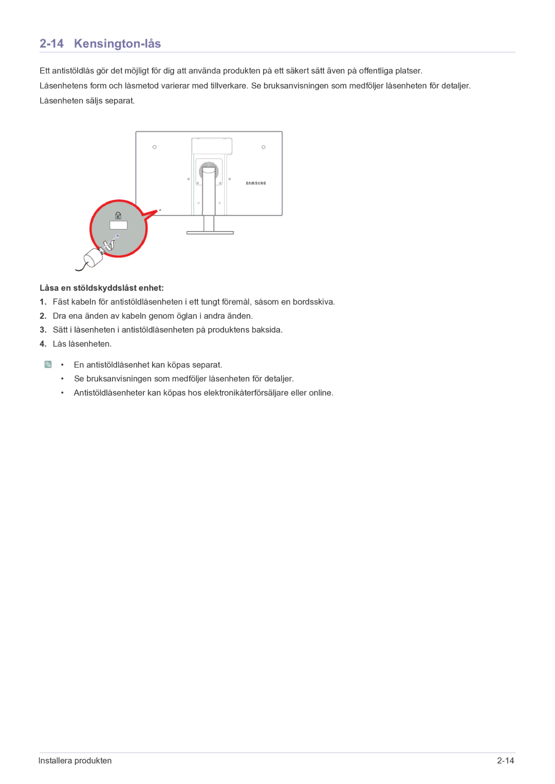 Samsung LF22NEBHBN/EN manual Kensington-lås, Låsa en stöldskyddslåst enhet 