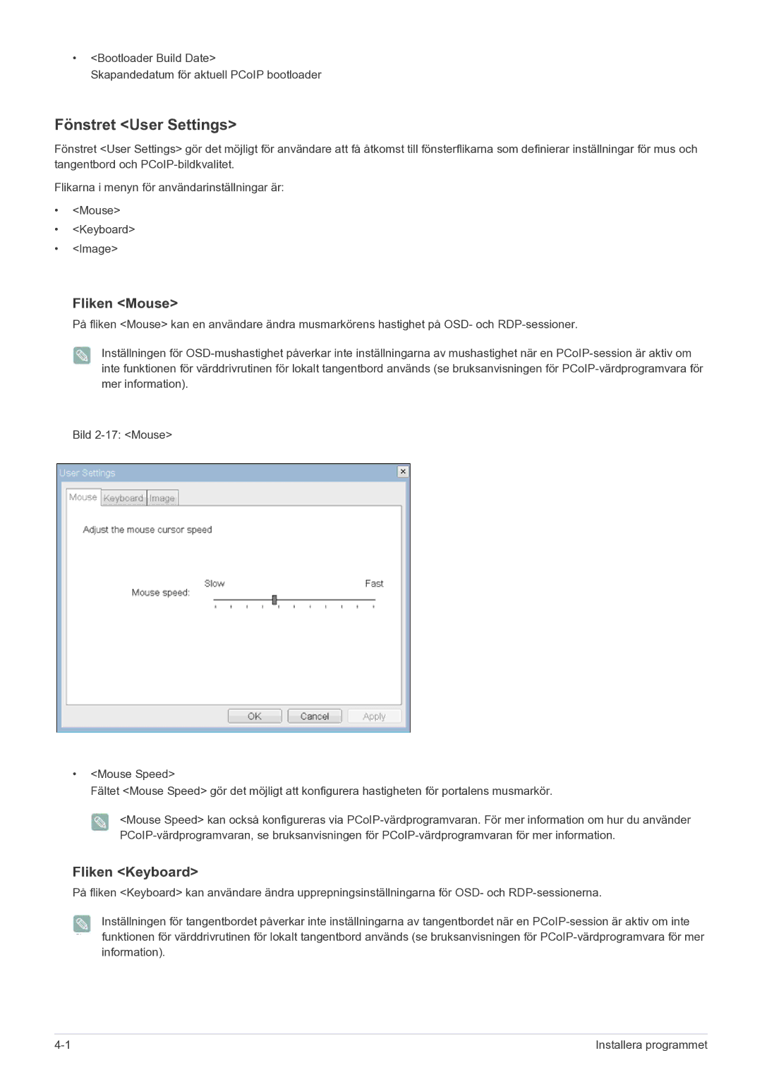 Samsung LF22NEBHBN/EN manual Fönstret User Settings, Fliken Mouse, Fliken Keyboard 