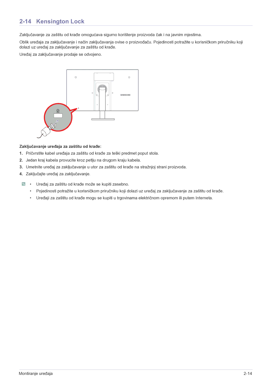 Samsung LF22NEBHBN/EN manual Kensington Lock, Zaključavanje uređaja za zaštitu od krađe 