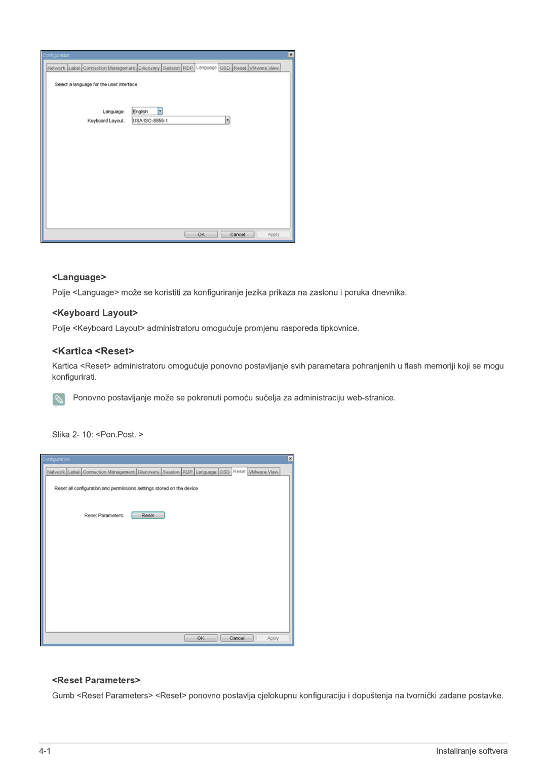 Samsung LF22NEBHBN/EN manual Kartica Reset, Language, Keyboard Layout, Reset Parameters 