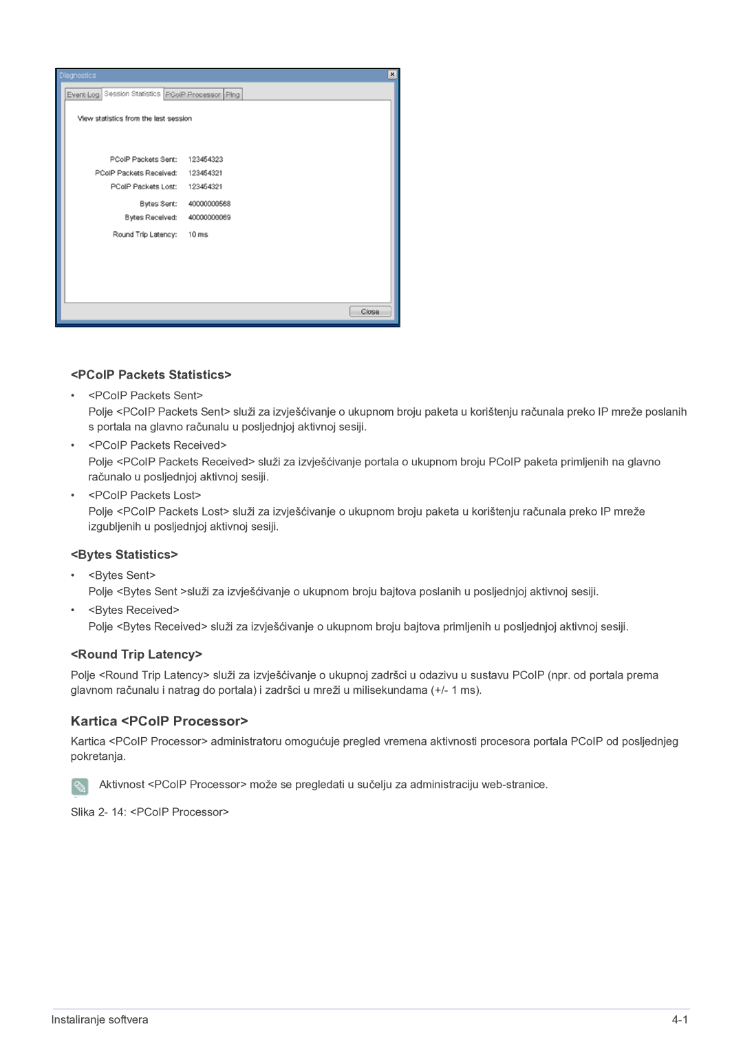 Samsung LF22NEBHBN/EN manual Kartica PCoIP Processor, PCoIP Packets Statistics, Bytes Statistics, Round Trip Latency 