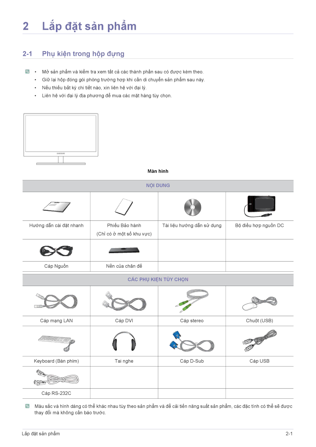 Samsung LF22NEBHBN/XY manual Phụ kiện trong hộp đựng, NỘI Dung, CÁC PHỤ Kiện TÙY Chọn 