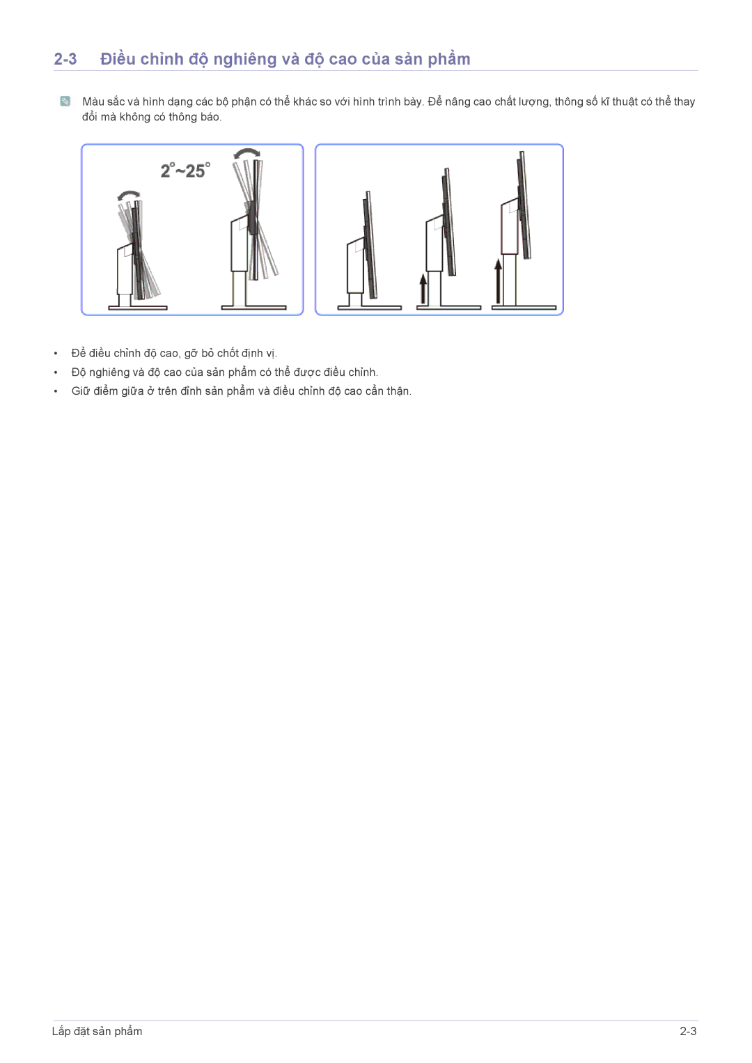 Samsung LF22NEBHBN/XY manual Điều chỉnh độ nghiêng và độ cao của sản phẩm 