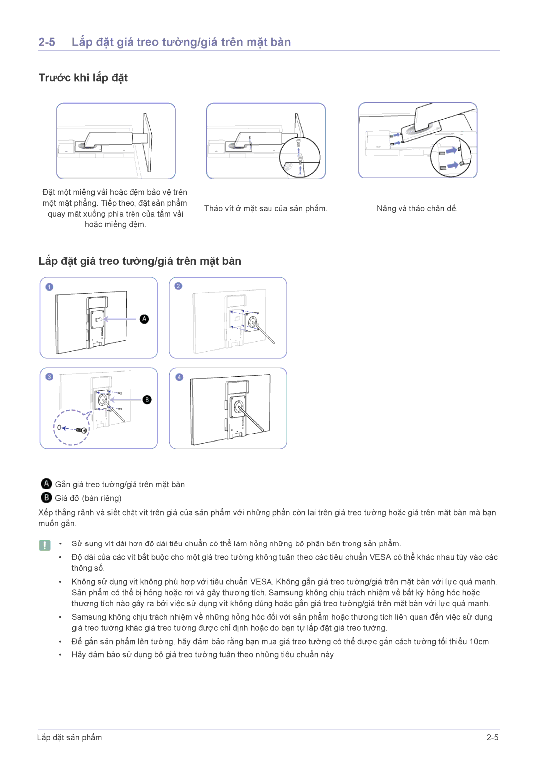 Samsung LF22NEBHBN/XY manual Lắp đặt giá treo tường/giá trên mặt bàn, Trước khi lắp đặt 