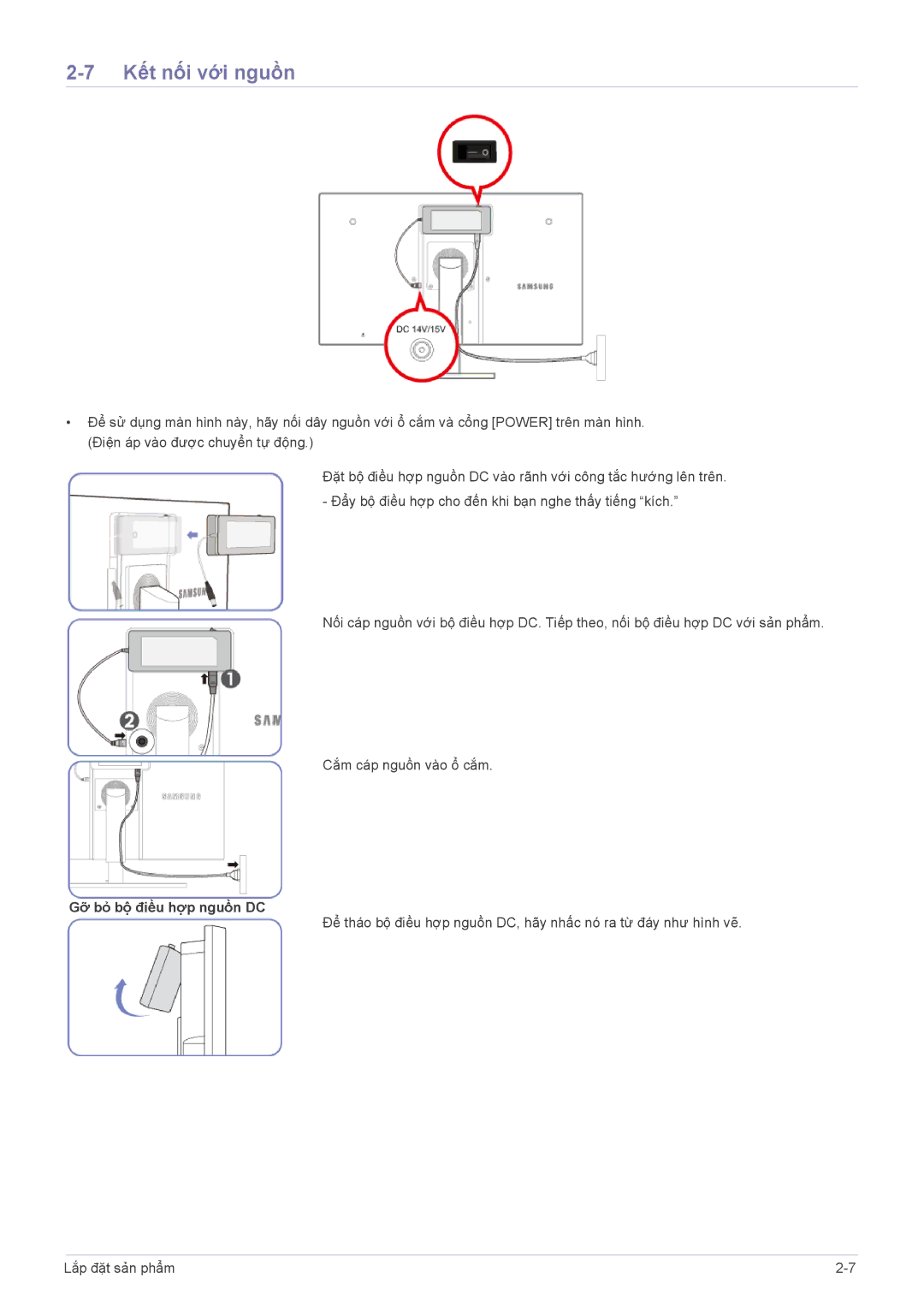 Samsung LF22NEBHBN/XY manual Kết nối với nguồn, Gỡ bỏ bộ điều hợp nguồn DC 