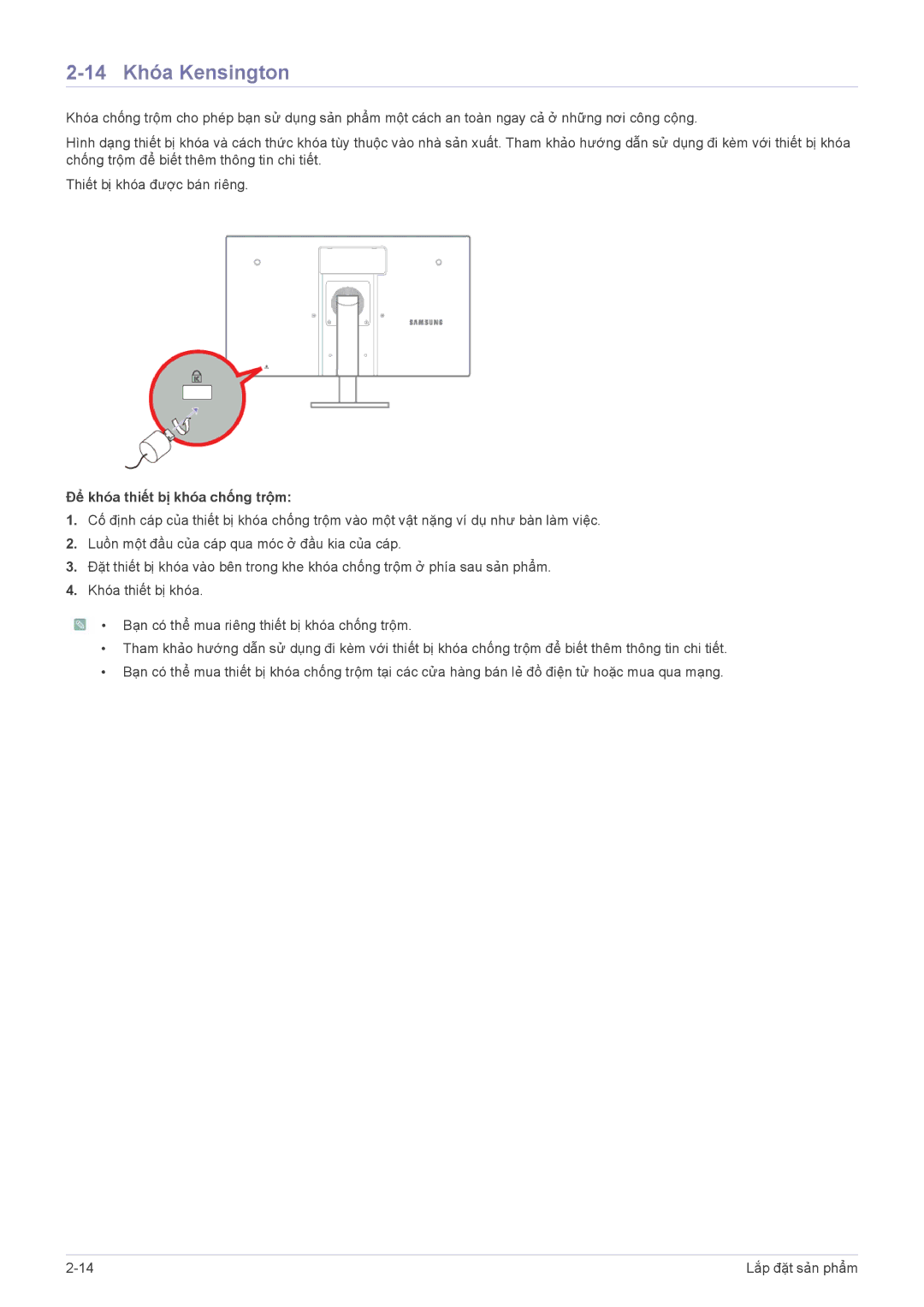 Samsung LF22NEBHBN/XY manual 14 Khóa Kensington, Để khóa thiết bị khóa chống trộm 